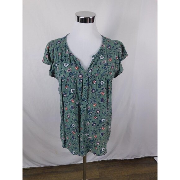 Old Navy Shirt Womens Large Green Floral Short Sleeve Split Neck Rayon Boho - Picture 1 of 11